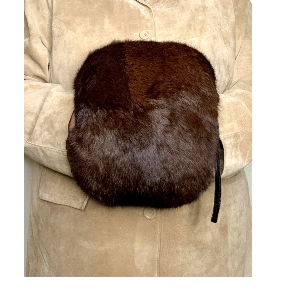 Vintage Fur Hand Muff 1940s-1960s Brown Satin Lined Velvet Wrist Strap